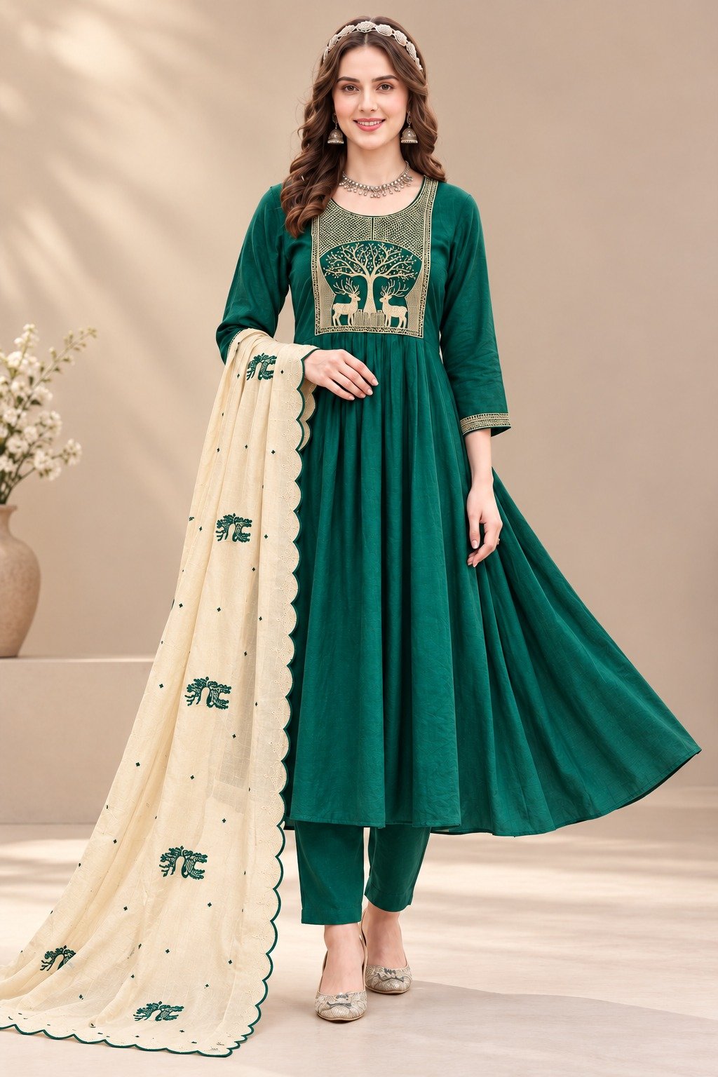 Deer Designer Mul Chanderi Embroidery Work Dark Green And Golden Beige Ready Made Shalwar Suit Deer Designer Mul Chanderi Embroidery Work Dark Green And Golden Beige Ready Made Shalwar Suit