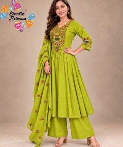 Floral Embroidery Work  Designer Lime Green Ready Made Shalwar Suit