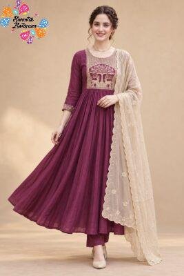Deer Designer Mul Chanderi Embroidery Work Dusty Rosewood And Golden Beige Ready Made Shalwar Suit