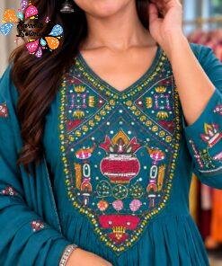Welcome Swastik Boutiques, Sri Lanka Alternative view of Floral Embroidery Work Deep Peacock Teal Green Ready Made Shalwar Suit