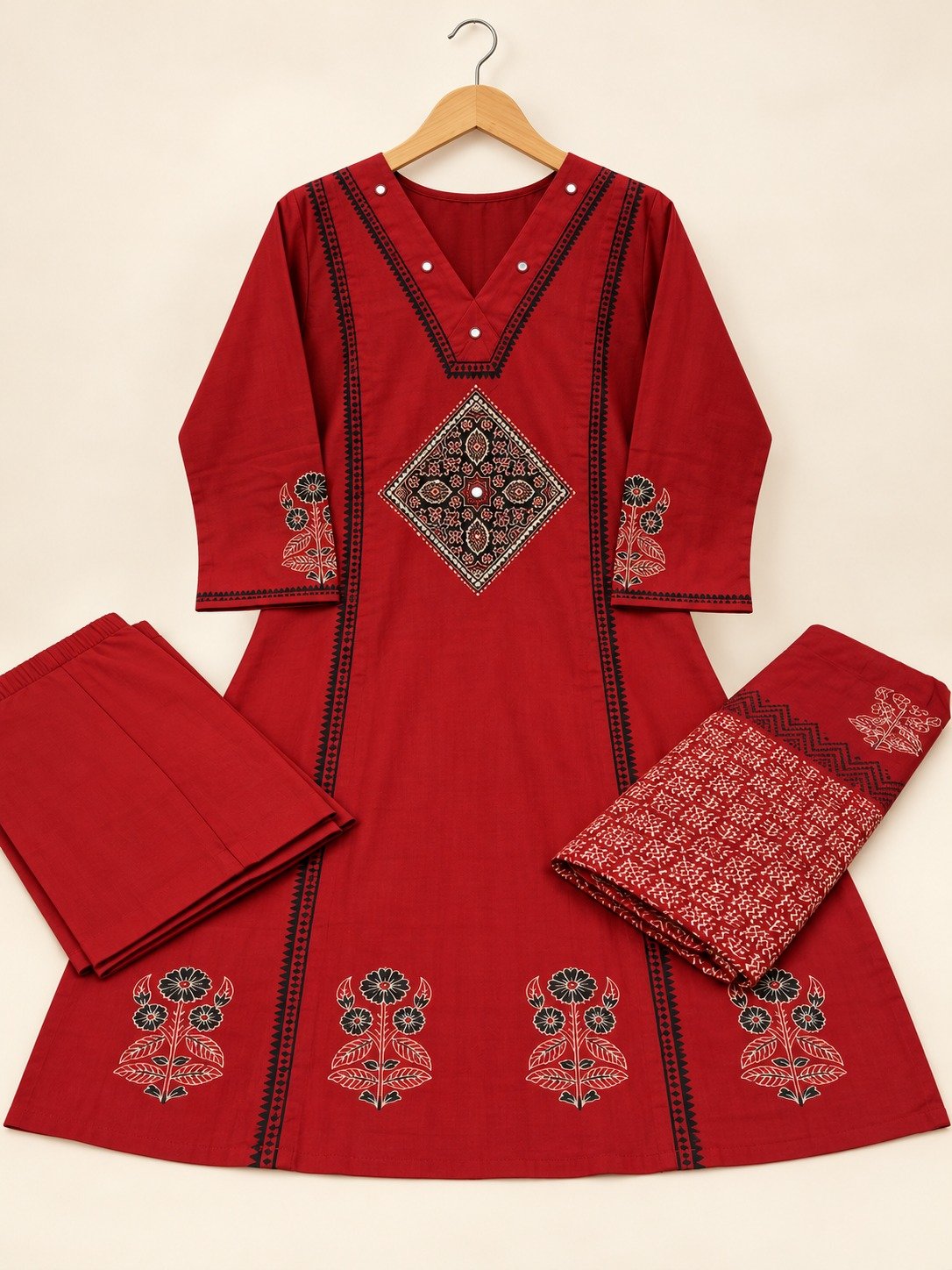 Floral Designer Deep Crimson Red And Black Mixed Premium Pure Heavy Dhabu Cotton Plus Size Ready Made Shalwar Suit Floral Designer Deep Crimson Red And Black Mixed Premium Pure Heavy Dhabu Cotton Plus Size Ready Made Shalwar Suit - Image 2