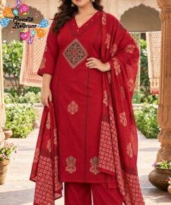 Floral Designer Deep Crimson Red And Black Mixed Premium Pure Heavy Dhabu Cotton Plus Size Ready Made Shalwar Suit