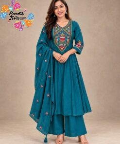 Floral Embroidery Work Deep Peacock Teal Green Ready Made Shalwar Suit