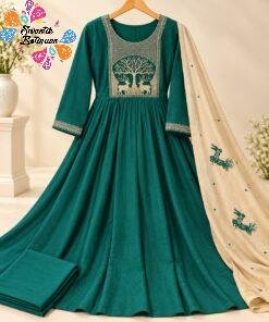 Deer Designer Mul Chanderi Embroidery Work Dark Green And Golden Beige Ready Made Shalwar Suit Deer Designer Mul Chanderi Embroidery Work Dark Green And Golden Beige Ready Made Shalwar Suit