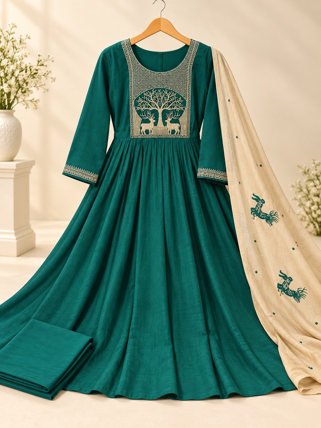 Deer Designer Mul Chanderi Embroidery Work Dark Green And Golden Beige Ready Made Shalwar Suit Deer Designer Mul Chanderi Embroidery Work Dark Green And Golden Beige Ready Made Shalwar Suit - Image 3