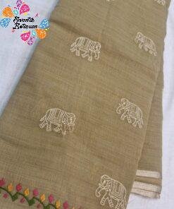 Olive Beige With White Elephant Embroidered Designer Pure Cotton Saree Olive Beige With White Elephant Embroidered Designer Pure Cotton Saree