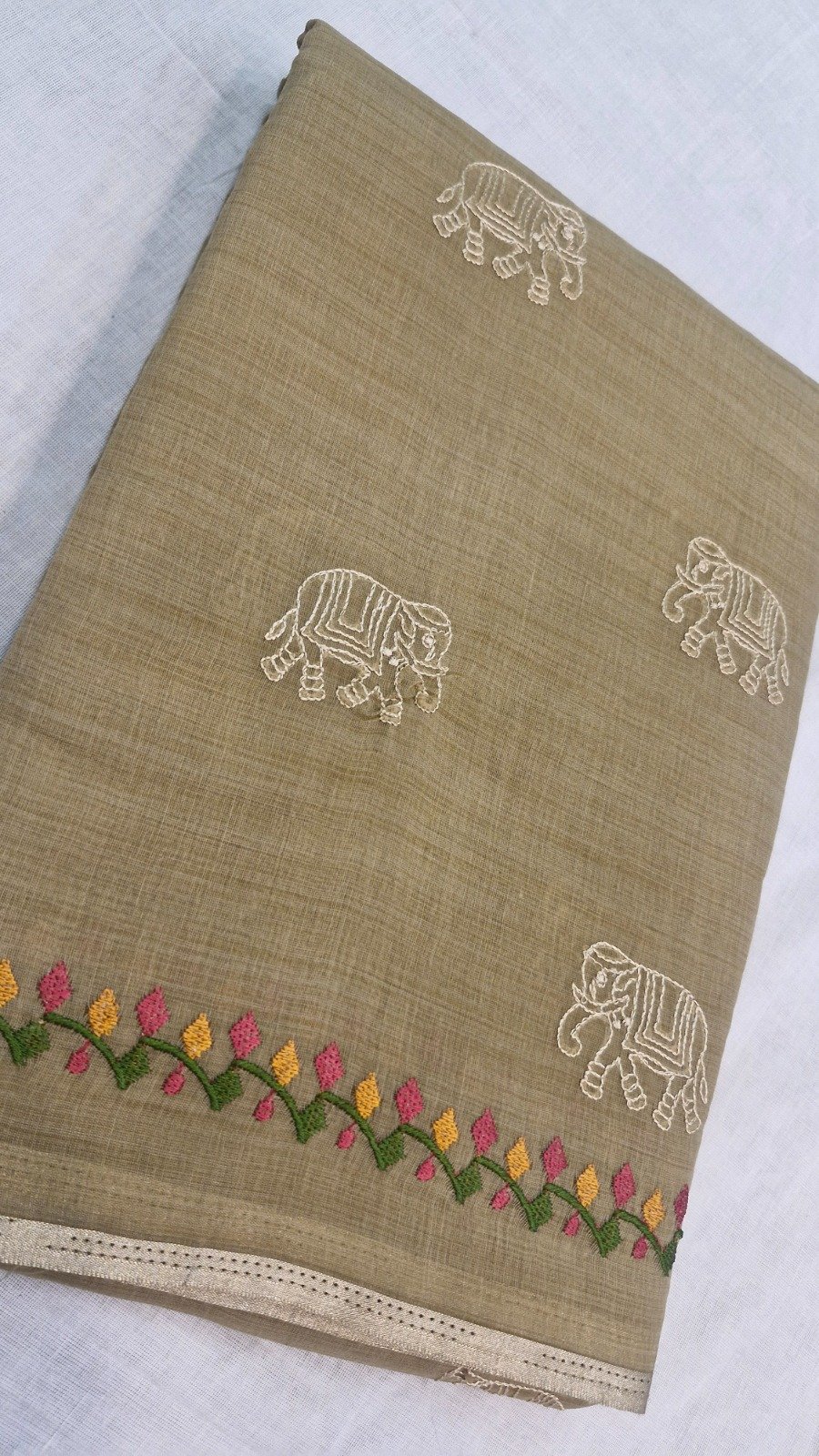 Olive Beige With White Elephant Embroidered Designer Pure Cotton Saree Olive Beige With White Elephant Embroidered Designer Pure Cotton Saree
