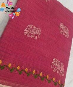 Deep Raspberry Pink With White Elephant Embroidered Designer Pure Cotton Saree