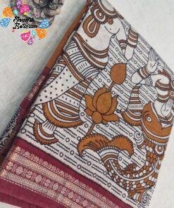 Antique Mustard Yellow with Maroon Border Traditional Dancing Women With White Lotus Designer Soft Cotton Kalamkari Saree