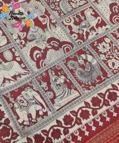 Antique Mustard Yellow with Maroon Border Traditional Dancing Women With White Lotus Designer Soft Cotton Kalamkari Saree Antique Mustard Yellow with Maroon Border Traditional Dancing Women With White Lotus Designer Soft Cotton Kalamkari Saree