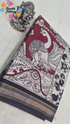 Deep Wine with Black Border Peacock and Floral Vine Designer Soft Cotton Kalamkari Saree