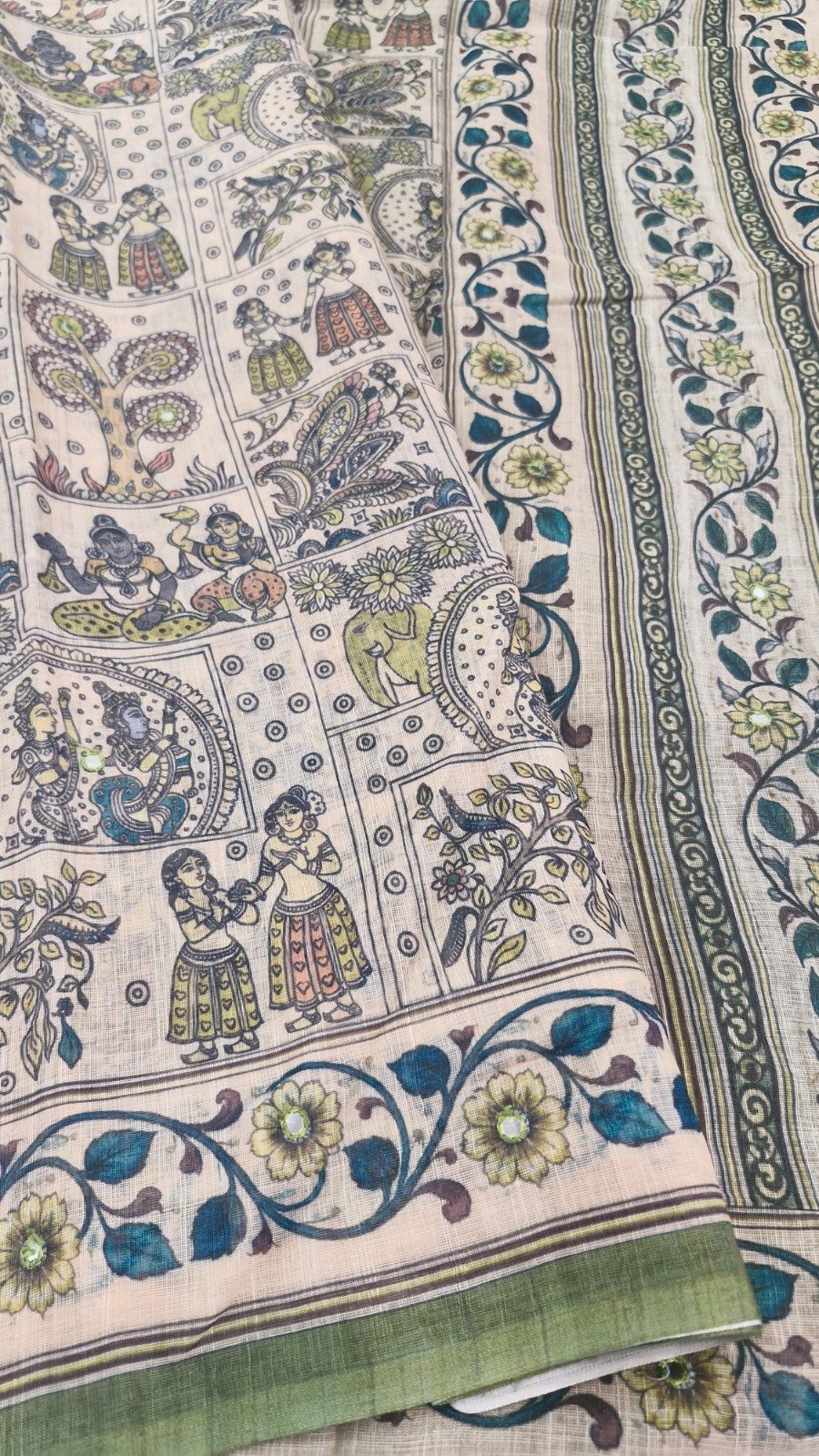 Natural Ivory Beige with Olive Green Border And Floral With Elephant Designer Linen Cotton Saree Natural Ivory Beige with Olive Green Border And Floral With Elephant Designer Linen Cotton Saree - Image 2