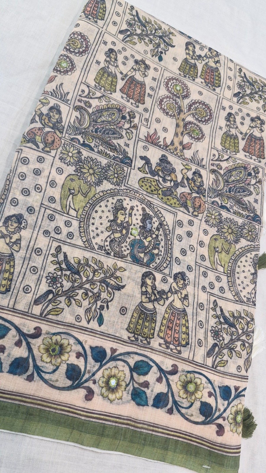 Natural Ivory Beige with Olive Green Border And Floral With Elephant Designer Linen Cotton Saree Natural Ivory Beige with Olive Green Border And Floral With Elephant Designer Linen Cotton Saree
