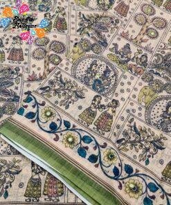 Natural Ivory Beige with Olive Green Border And Floral With Elephant Designer Linen Cotton Saree Natural Ivory Beige with Olive Green Border And Floral With Elephant Designer Linen Cotton Saree