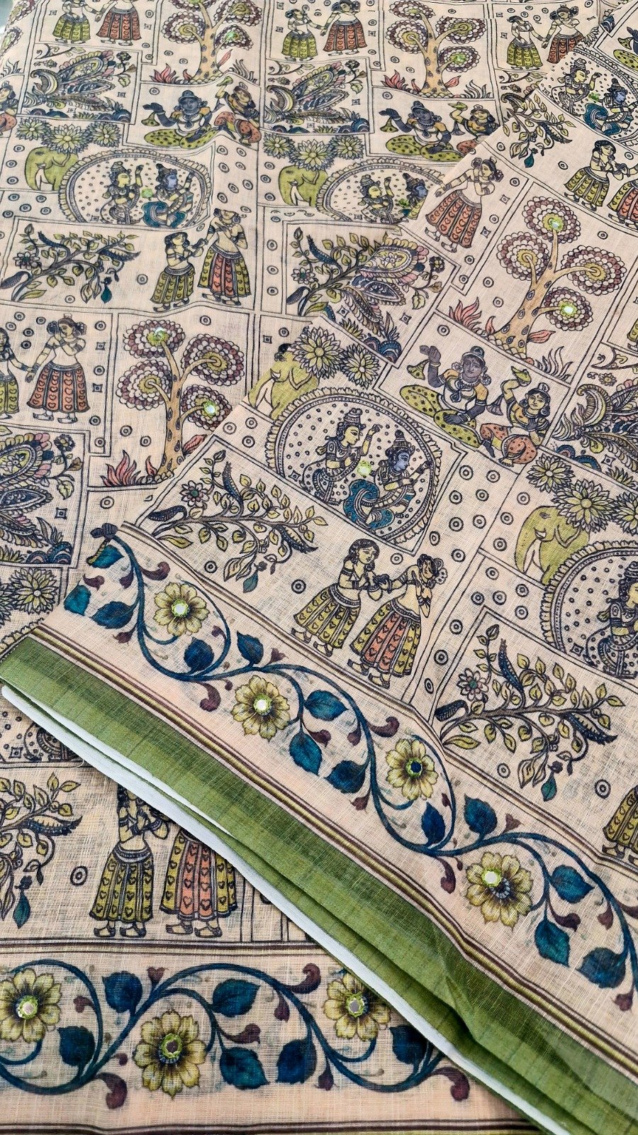 Natural Ivory Beige with Olive Green Border And Floral With Elephant Designer Linen Cotton Saree Natural Ivory Beige with Olive Green Border And Floral With Elephant Designer Linen Cotton Saree - Image 3