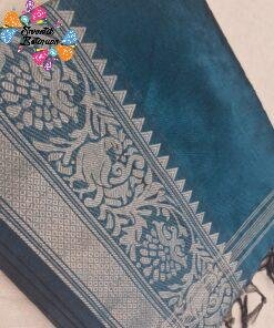 Premium Deep Peacock Teal Blue with Antique Silver Zari Border Mangalagiri Tissue Cotton Saree