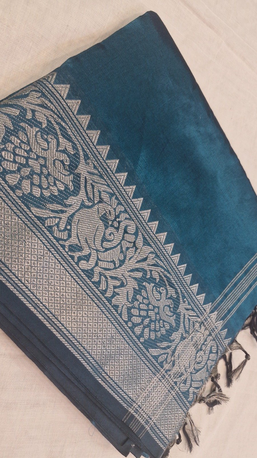 Premium Deep Peacock Teal Blue with Antique Silver Zari Border Mangalagiri Tissue Cotton Saree
