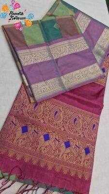 Multicolour Checks Designer With Lavender Antique Gold Zari Border And Peacock With Elephant Designer  Pallu Premium Soft Silk Saree