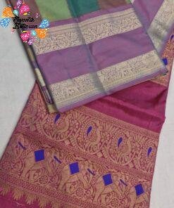 Multicolour Checks Designer With Lavender Antique Gold Zari Border And Peacock With Elephant Designer Pallu Premium Soft Silk Saree