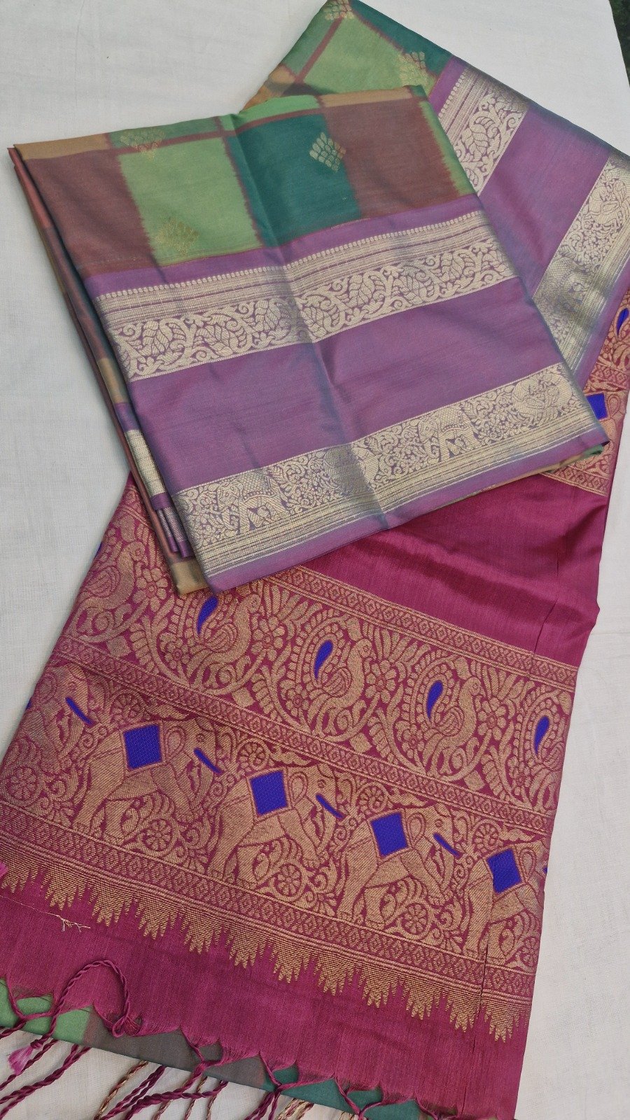 Multicolour Checks Designer With Lavender Antique Gold Zari Border And Peacock With Elephant Designer  Pallu Premium Soft Silk Saree
