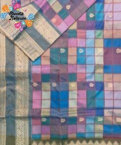 Alternative view of Multicolour Checks Saree with Peacock Blue Antique Gold Floral Zari Border Premium Soft Silk Saree