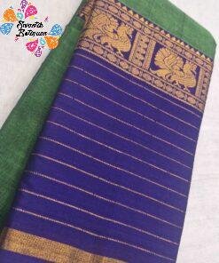 Parrot Green with Royal Purple Contrast Border and Antique Gold Peacock Zari Designer Premium Narayanpett Cotton Saree