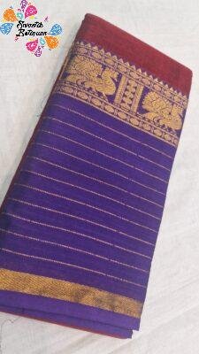 Dark Maroon with Purple Contrast Border With Antique Gold Peacock Floral Zari Designer Premium Narayanpett Cotton Saree