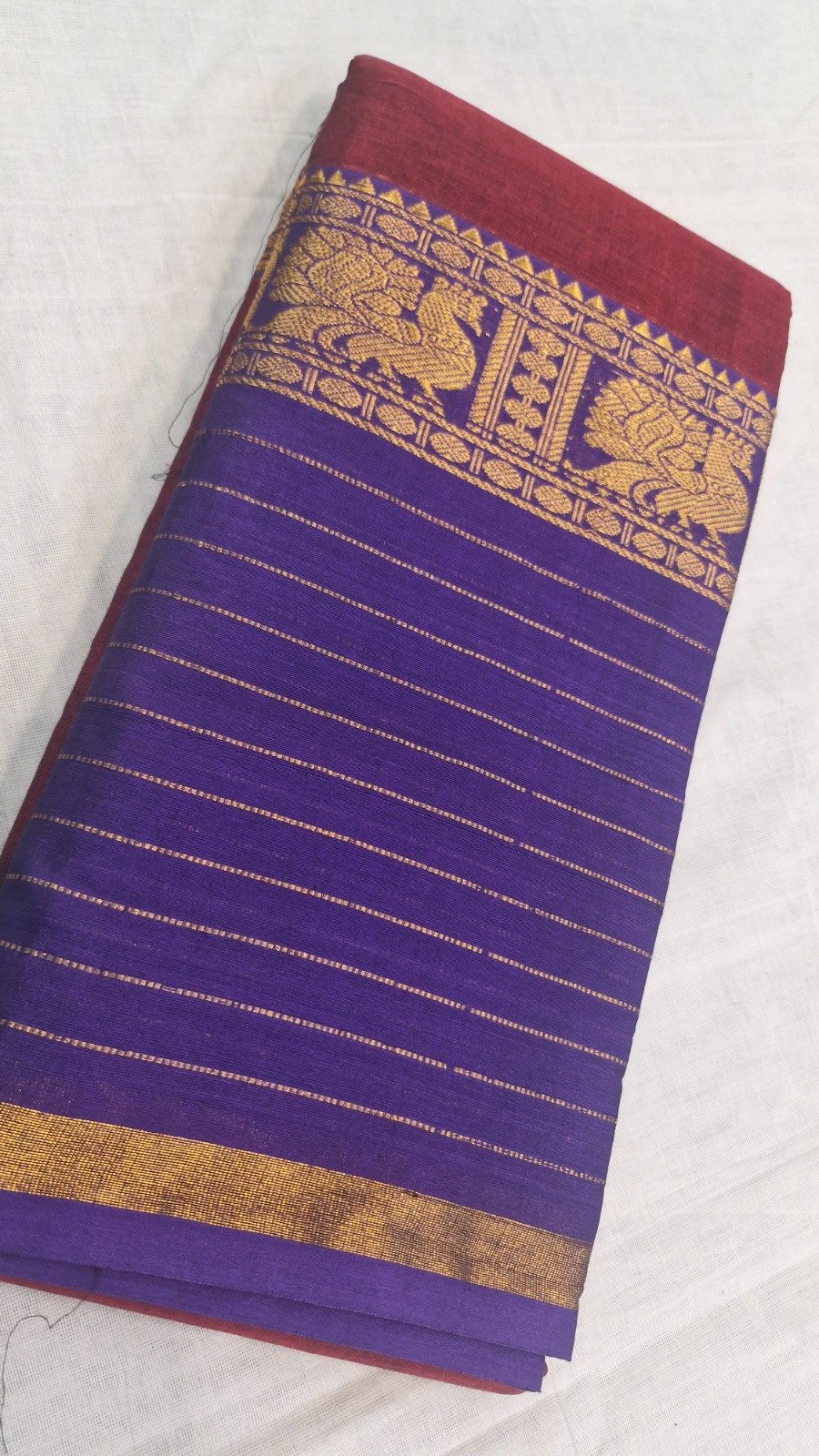 Dark Maroon with Purple Contrast Border With Antique Gold Peacock Floral Zari Designer Premium Narayanpett Cotton Saree Dark Maroon with Purple Contrast Border With Antique Gold Peacock Floral Zari Designer Premium Narayanpett Cotton Saree