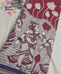 Deep Maroon And Beige With Blue Border Traditional Dancing Women With Lotus Floral Designer Soft Cotton Kalamkari Saree