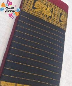 Deep Maroon with Black Contrast Border With Antique Gold Peacock Floral Zari Designer Premium Narayanpett Cotton Saree
