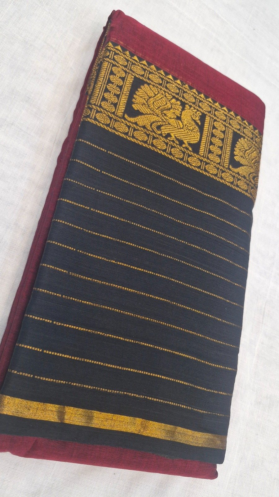Deep Maroon with Black Contrast Border With Antique Gold Peacock Floral Zari Designer Premium Narayanpett Cotton Saree Deep Maroon with Black Contrast Border With Antique Gold Peacock Floral Zari Designer Premium Narayanpett Cotton Saree