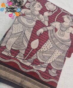 Deep Maroon And Natural Beige Traditional Dancing Women With Lotus Floral Designer Soft Cotton Kalamkari Saree