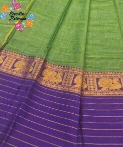 Parrot Green with Royal Purple Contrast Border and Antique Gold Peacock Zari Designer Premium Narayanpett Cotton Saree Parrot Green with Royal Purple Contrast Border and Antique Gold Peacock Zari Designer Premium Narayanpett Cotton Saree