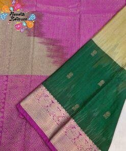 Welcome Swastik Boutiques, Sri Lanka Alternative view of Mustard Yellow With Ivory White And Peacock Green Multicolour Saree with Pink And Gold Mixed Border Premium Semi Silk Saree
