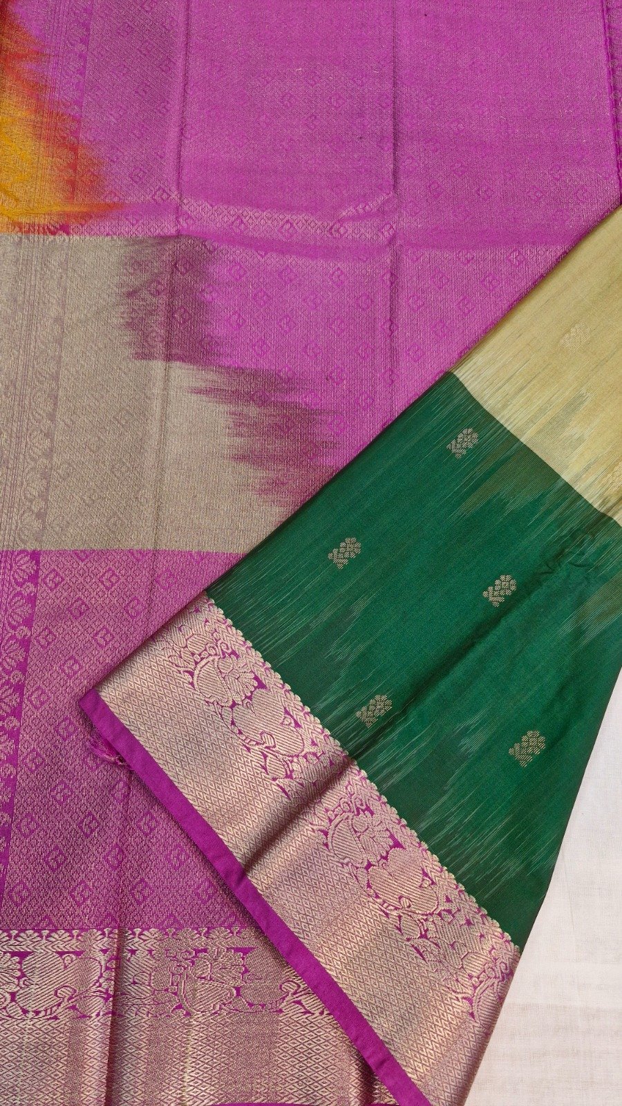 Mustard Yellow With Ivory White And Peacock Green Multicolour Saree with Pink And Gold Mixed Border Premium Semi Silk Saree Mustard Yellow With Ivory White And Peacock Green Multicolour Saree with Pink And Gold Mixed Border Premium Semi Silk Saree - Image 2