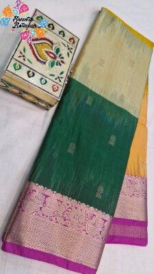 Mustard Yellow With Ivory White And Peacock Green Multicolour Saree with Pink And Gold Mixed Border Premium Semi Silk Saree