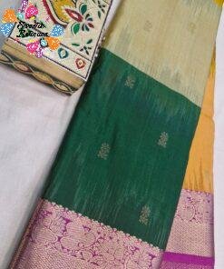Mustard Yellow With Ivory White And Peacock Green Multicolour Saree with Pink And Gold Mixed Border Premium Semi Silk Saree