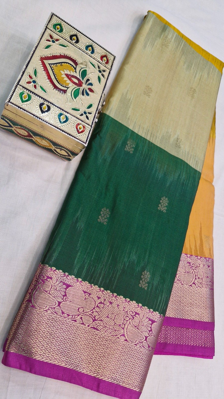 Mustard Yellow With Ivory White And Peacock Green Multicolour Saree with Pink And Gold Mixed Border Premium Semi Silk Saree Mustard Yellow With Ivory White And Peacock Green Multicolour Saree with Pink And Gold Mixed Border Premium Semi Silk Saree