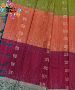 Alternative view of Floral Butta Designer Olive Green With Peach Orange And Deep Wine and Peacock Blue Multicolour Saree with Gold Border Premium Semi Silk Saree