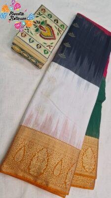 Bottle Green With Rani Pink And Black With Ivory White Multicolour Saree with Gold Border Premium Semi Silk Saree