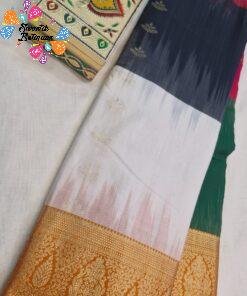 Bottle Green With Rani Pink And Black With Ivory White Multicolour Saree with Gold Border Premium Semi Silk Saree