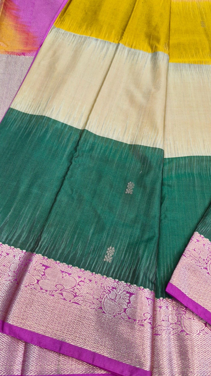 Mustard Yellow With Ivory White And Peacock Green Multicolour Saree with Pink And Gold Mixed Border Premium Semi Silk Saree Mustard Yellow With Ivory White And Peacock Green Multicolour Saree with Pink And Gold Mixed Border Premium Semi Silk Saree - Image 4