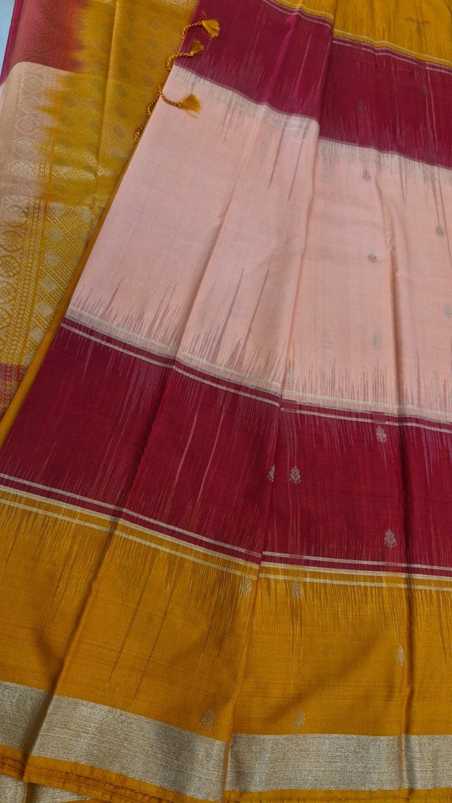 Light Peach With Maroon And Yellow Multicolour Saree with Butta Designe Gold Border Premium Semi Silk Saree Light Peach With Maroon And Yellow Multicolour Saree with Butta Designe Gold Border Premium Semi Silk Saree - Image 2
